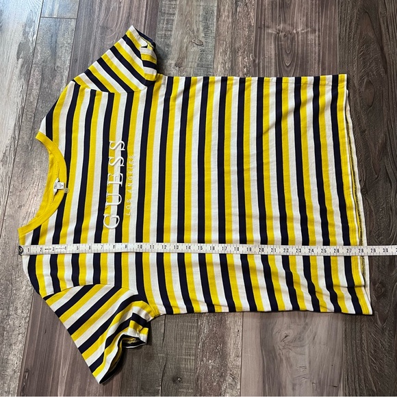 GUESS Los Angeles Mens Y2K Retro Embroidered Logo Tee Cotton Yellow Navy Striped - Picture 6 of 7